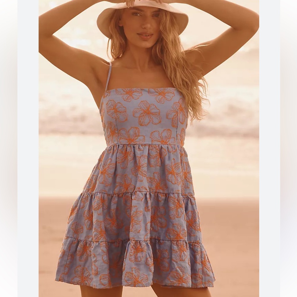 Maaji Emily Mini Dress in Blue with Coral Embroidered Floral Print
